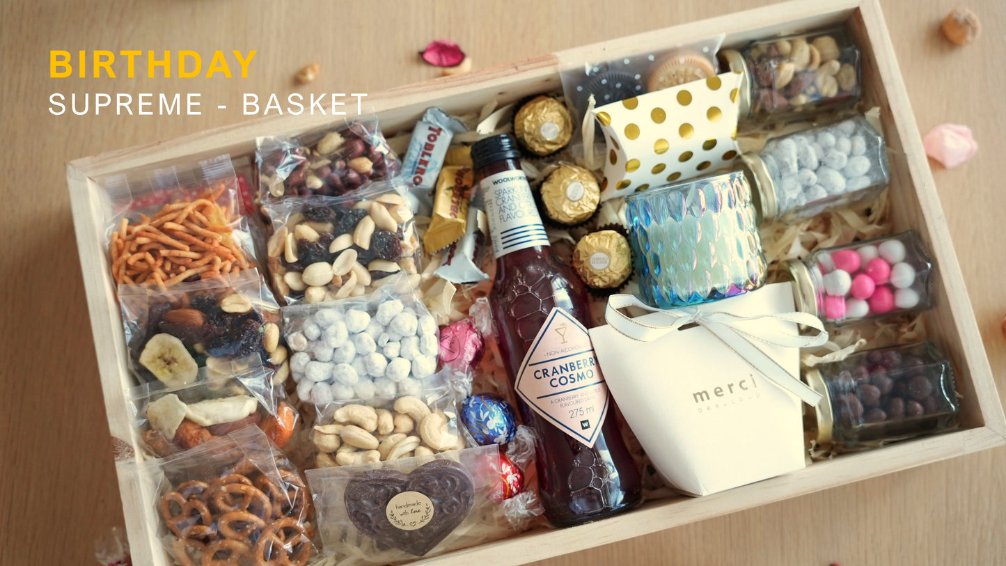 Supreme Deluxe Birthday Gift Basket, top view